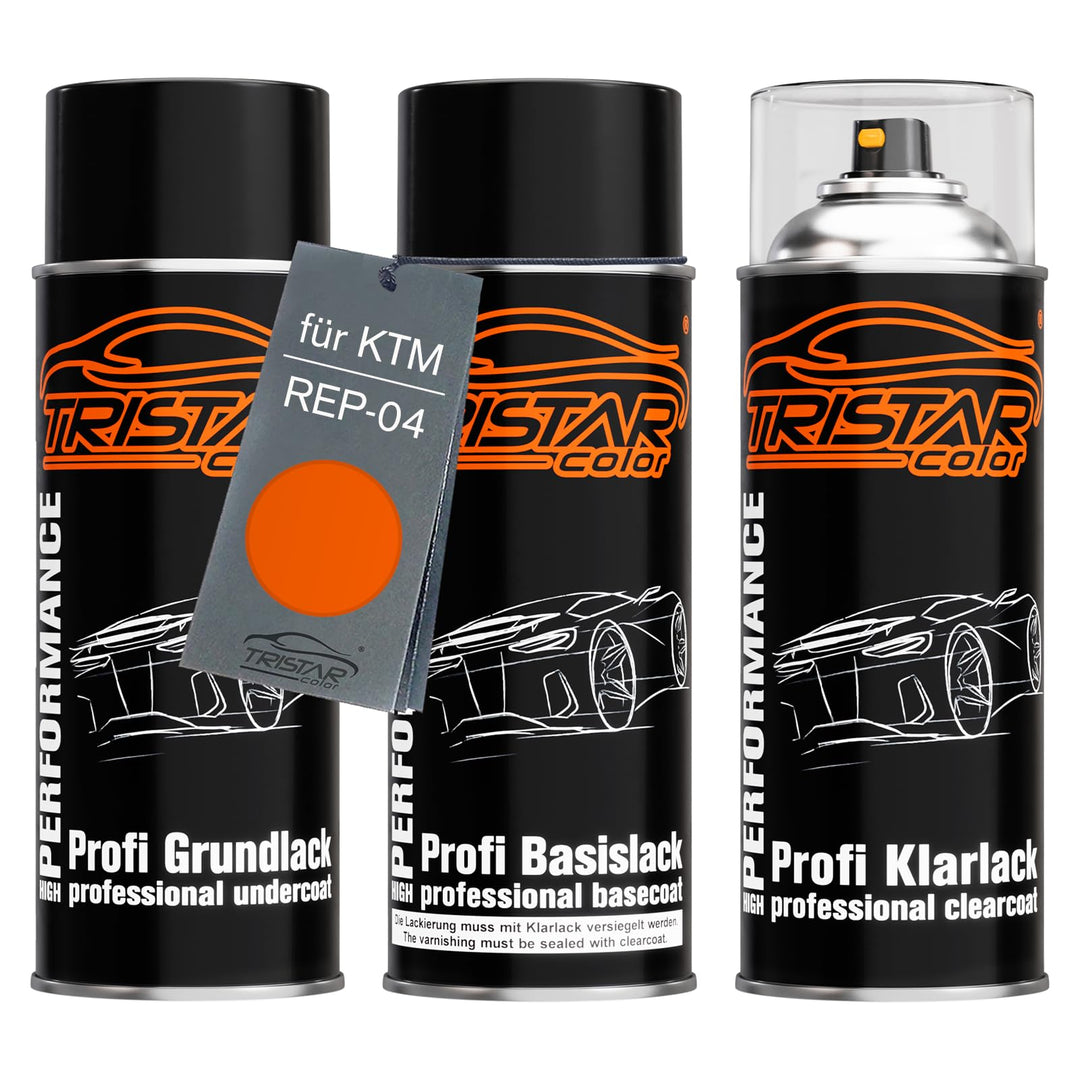 TRISTARcolor Motorradlack Spraydosen Set für KTM REP-04 Orange Grundlack Basislack Klarlack Sprühdos