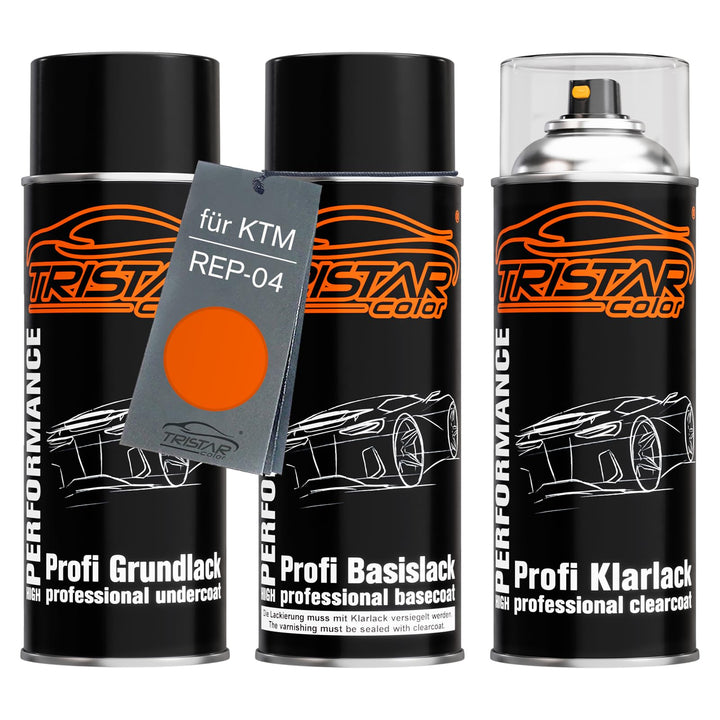 TRISTARcolor Motorradlack Spraydosen Set für KTM REP-04 Orange Grundlack Basislack Klarlack Sprühdos