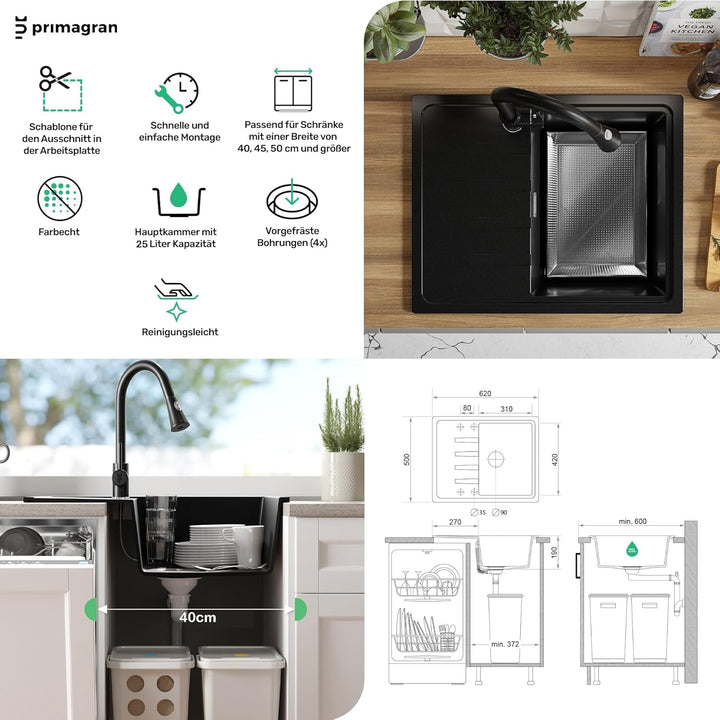 PRIMAGRAN Granitspüle Weiss 62x50cm, Granitspüle 1 Becken + Ablauf-Set, Küchenspüle ab 40er Untersch