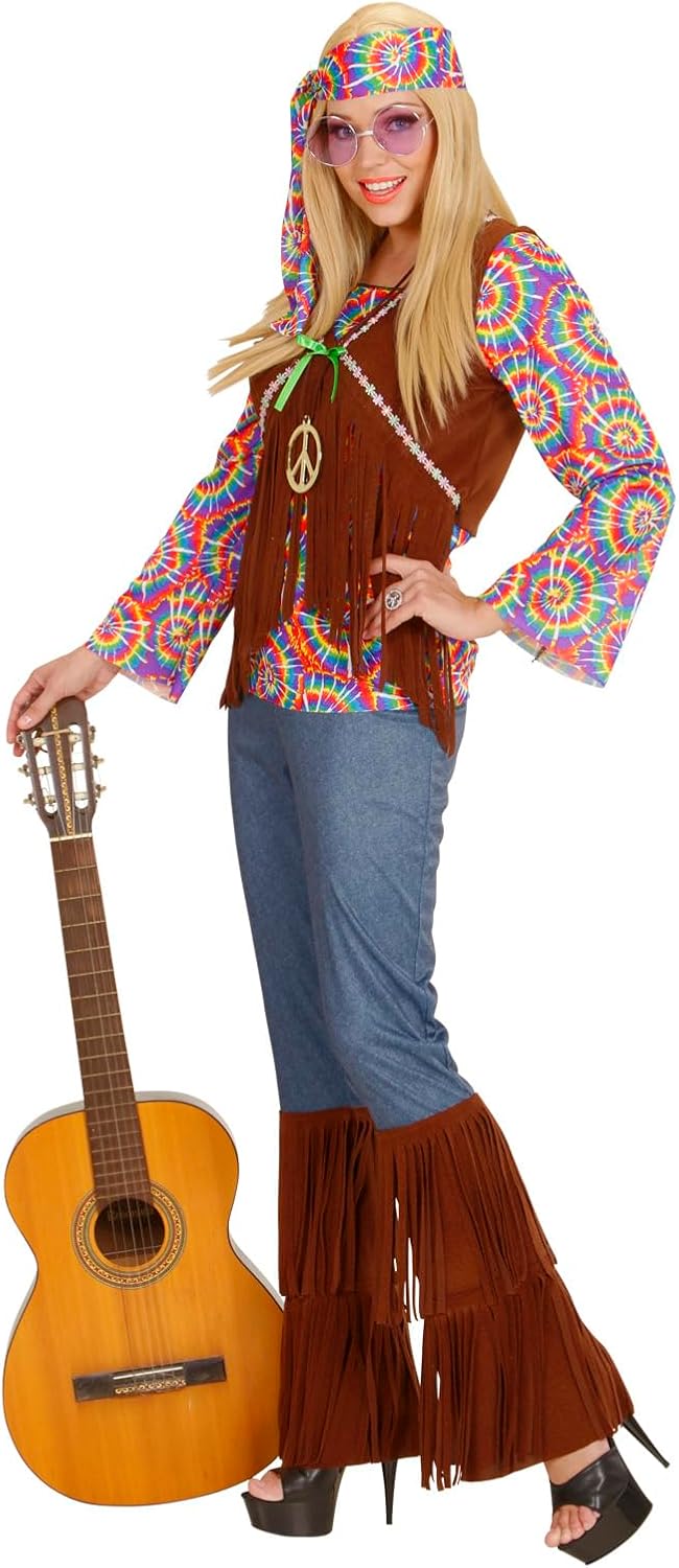 "PSYCHEDELIC HIPPIE WOMAN" (shirt with vest, pants, headband, necklace) - (M), M