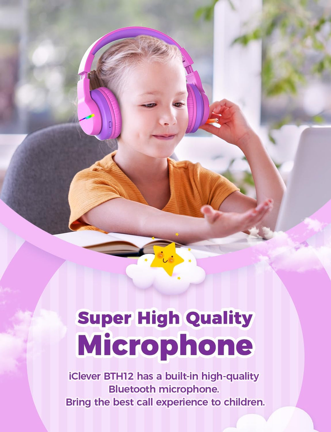 iClever Bluetooth Kinder Kopfhörer, Farbige LED-Leuchten, Kinderkopfhörer Over-Ear mit 74/85/94dB La