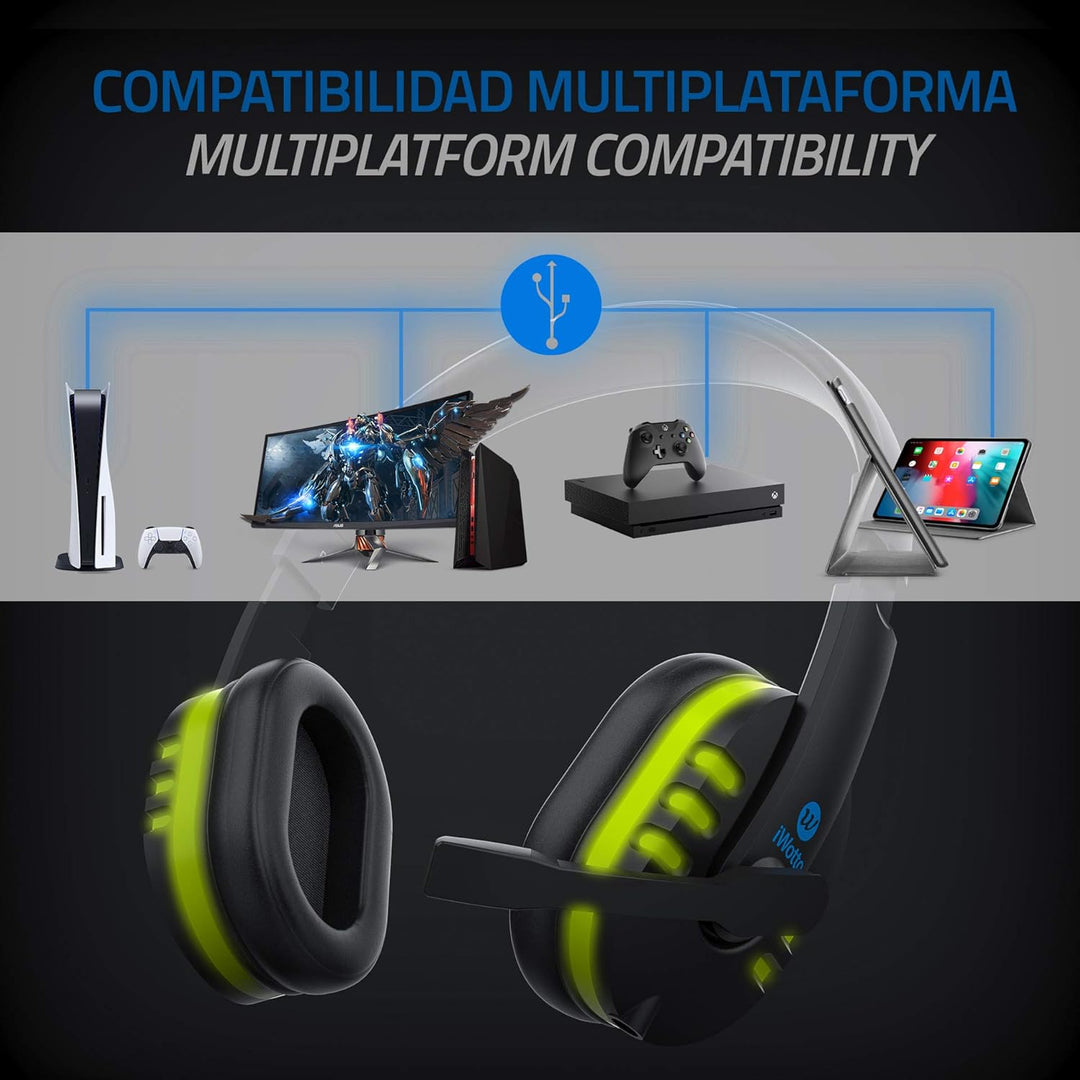 iWotto Gaming-Kopfhörer, Geräuschunterdrückung, Kopfhörer mit flexiblem Mikrofon, Bequeme RGB-Beleuc