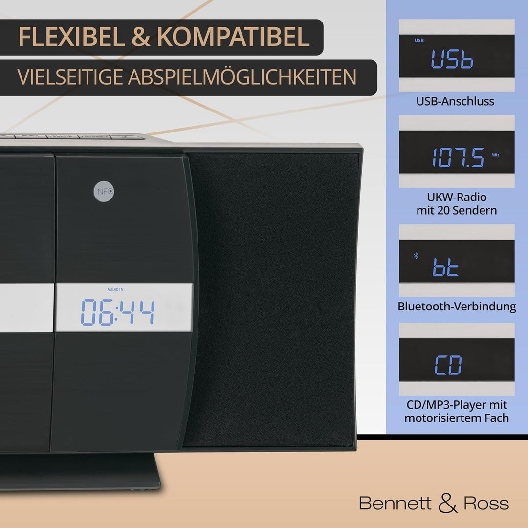Bennett & Ross Ålesund Vertikal Stereoanlage - HiFi Microanlage mit CD-Player, MP3, UKW-Funktion, US