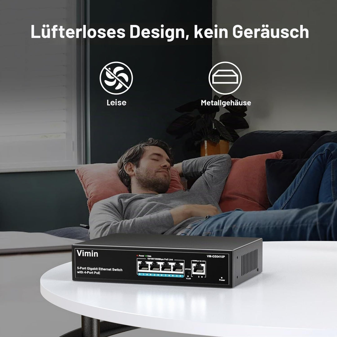VIMIN 4-Port Gigabit PoE Switch mit 1 Uplink Gigabit Port, 5-Port Unmanaged Ethernet PoE Switch mit