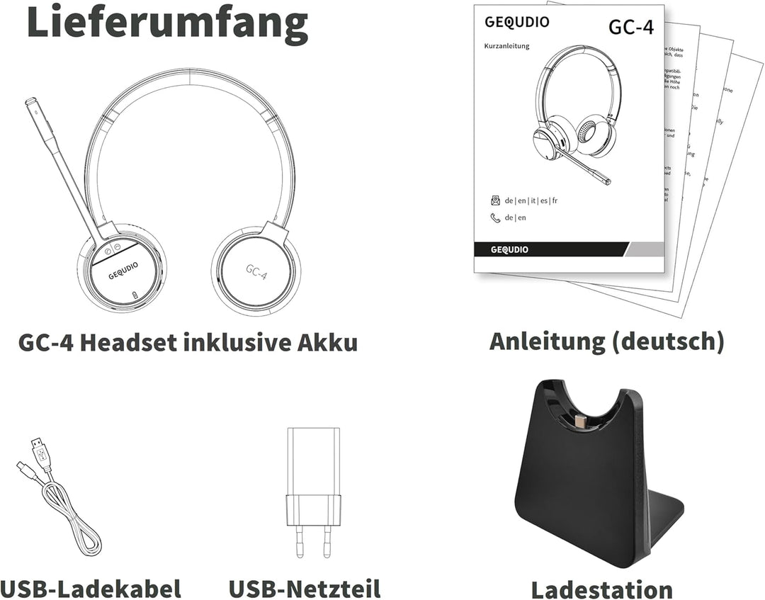 GEQUDIO GC-4 Premium Edition DECT &amp; Bluetooth Headset für FritzBox GC-4 ANC/ENC (2-Ohr) &amp; Ladeschale