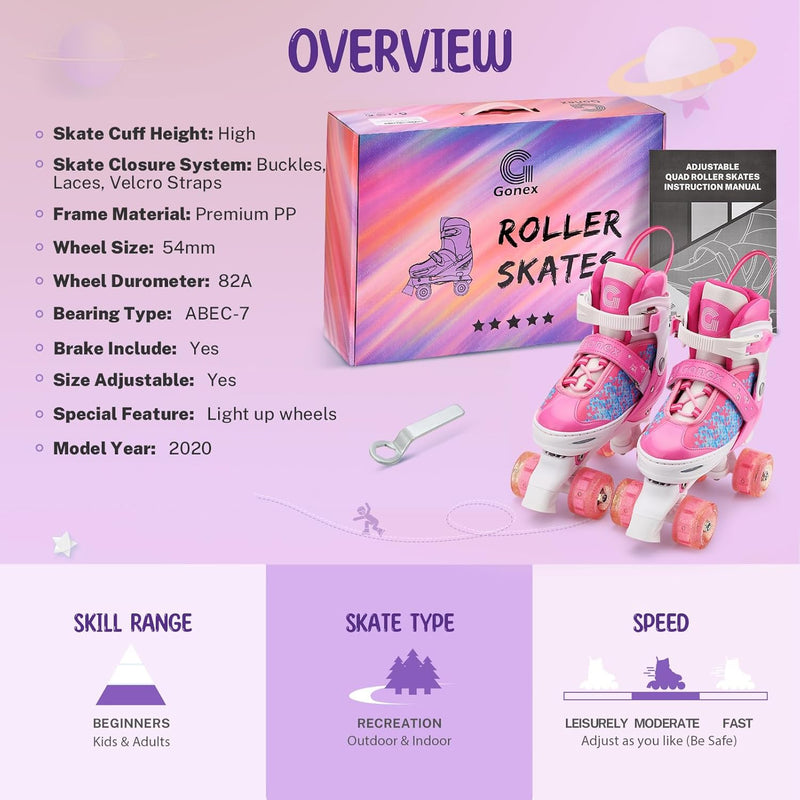 Gonex Verstellbar Rollschuhe, Leuchtenden Rädern Roller Skates für Mädchen Jungen Kinder Erwachsene