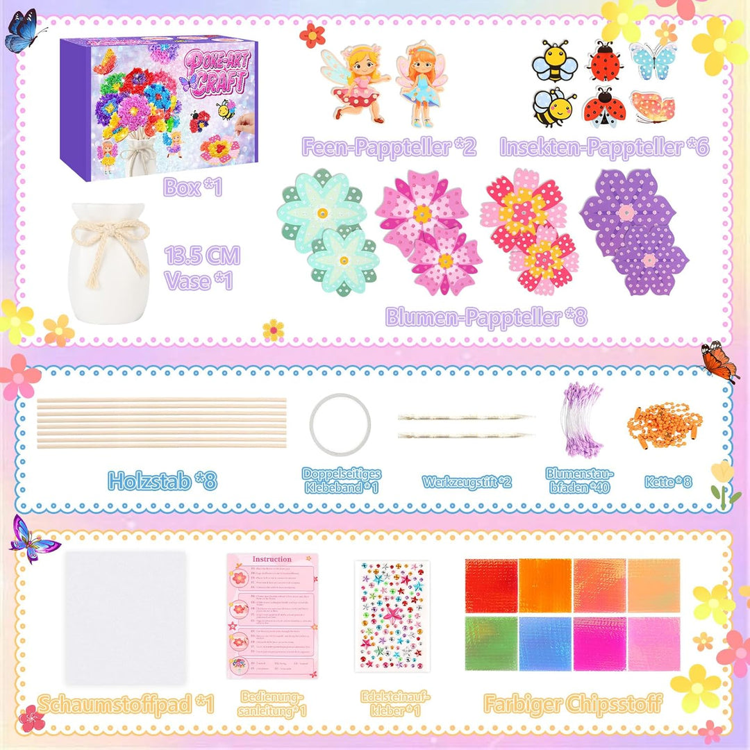 Aragallant 16 Stück Bastelset Kinder ab 4 5 6 7+ Jahre, Poke Art Basteln Mädchen - Mit Vase & 8 Blum