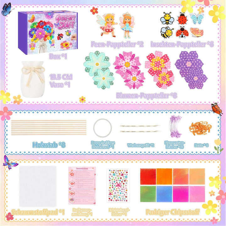 Aragallant 16 Stück Bastelset Kinder ab 4 5 6 7+ Jahre, Poke Art Basteln Mädchen - Mit Vase & 8 Blum