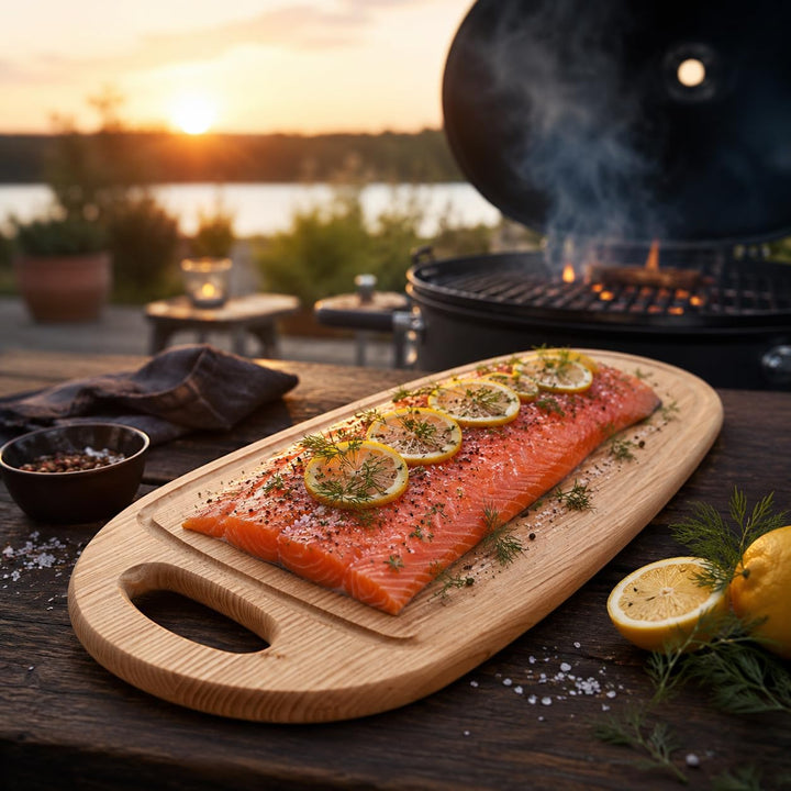 HOFMEISTER® Lachsbrett aus Eschenholz 60 cm – Rustikales Grillbrett mit Griffaussparung für Lachs, F