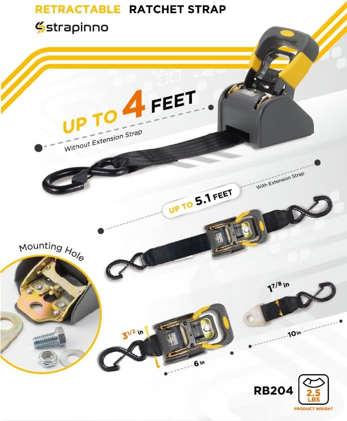Strappino 2 Stück einziehbare Ratschengurte, Bündel (je 4,2 x 1,2 m), sichere Spanngurte mit 2 Verlä