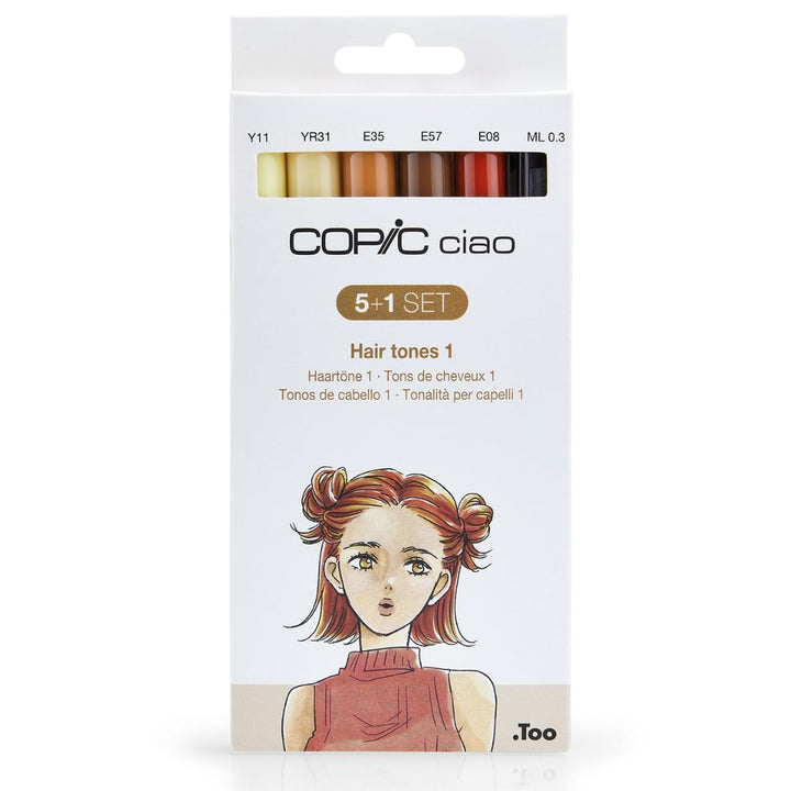 COPIC Ciao Marker Set 5+1 Hair Tones 1, Blisterpackung mit 5 Markern + 1 Multiliner 0,3 mm, für Skiz
