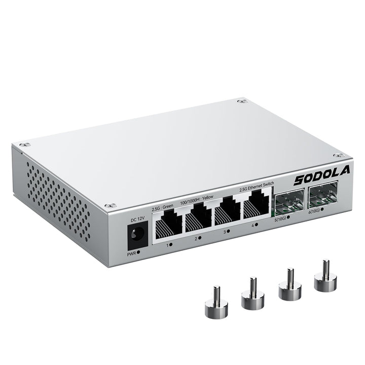 SODOLA 2.5 Gbit Switch– 4X 2,5G Base-T Ports + 2X 10G SFP+, Aluminiumkühlung & Magnetfüsse, Lüfterlo
