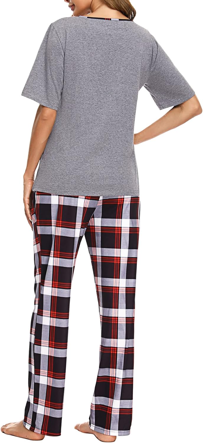 Bresdk Schlafanzug Damen Lang Kariert Kurzarm Pyjama Set Baumwolle Nachtwäsche XL Grau M964, XL Grau