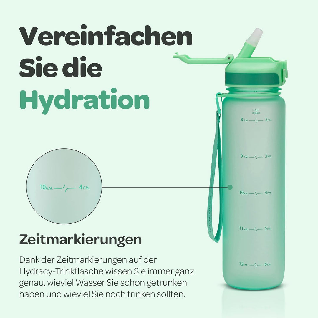 Hydracy Trinkflasche mit Strohhalm und Zeitmarkierung - 1L Wasserflasche - BPA-freie Trinkflasche -