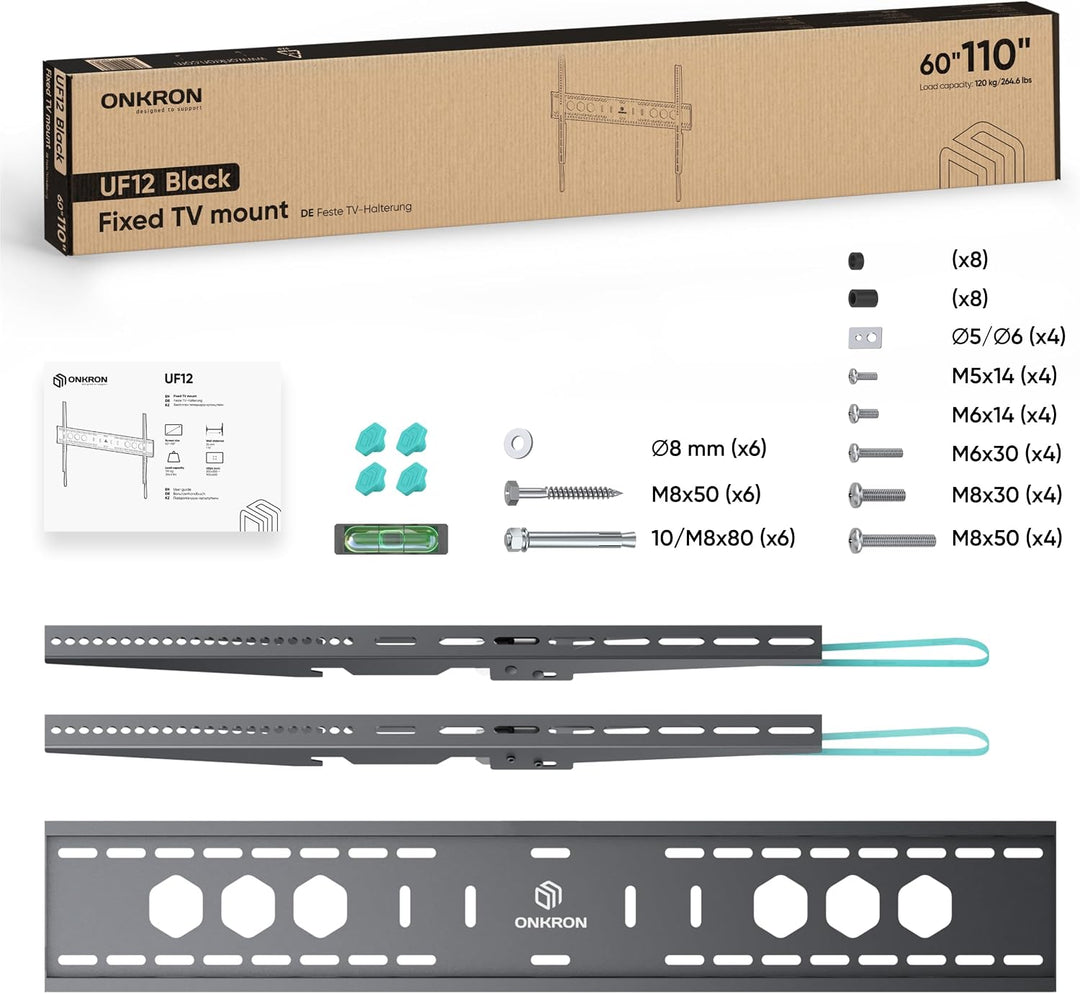 ONKRON TV Wandhalterung flach für 60-110 Zoll Fernseher bis zu 120 kg, Ultra Slim Wandhalterung Fern