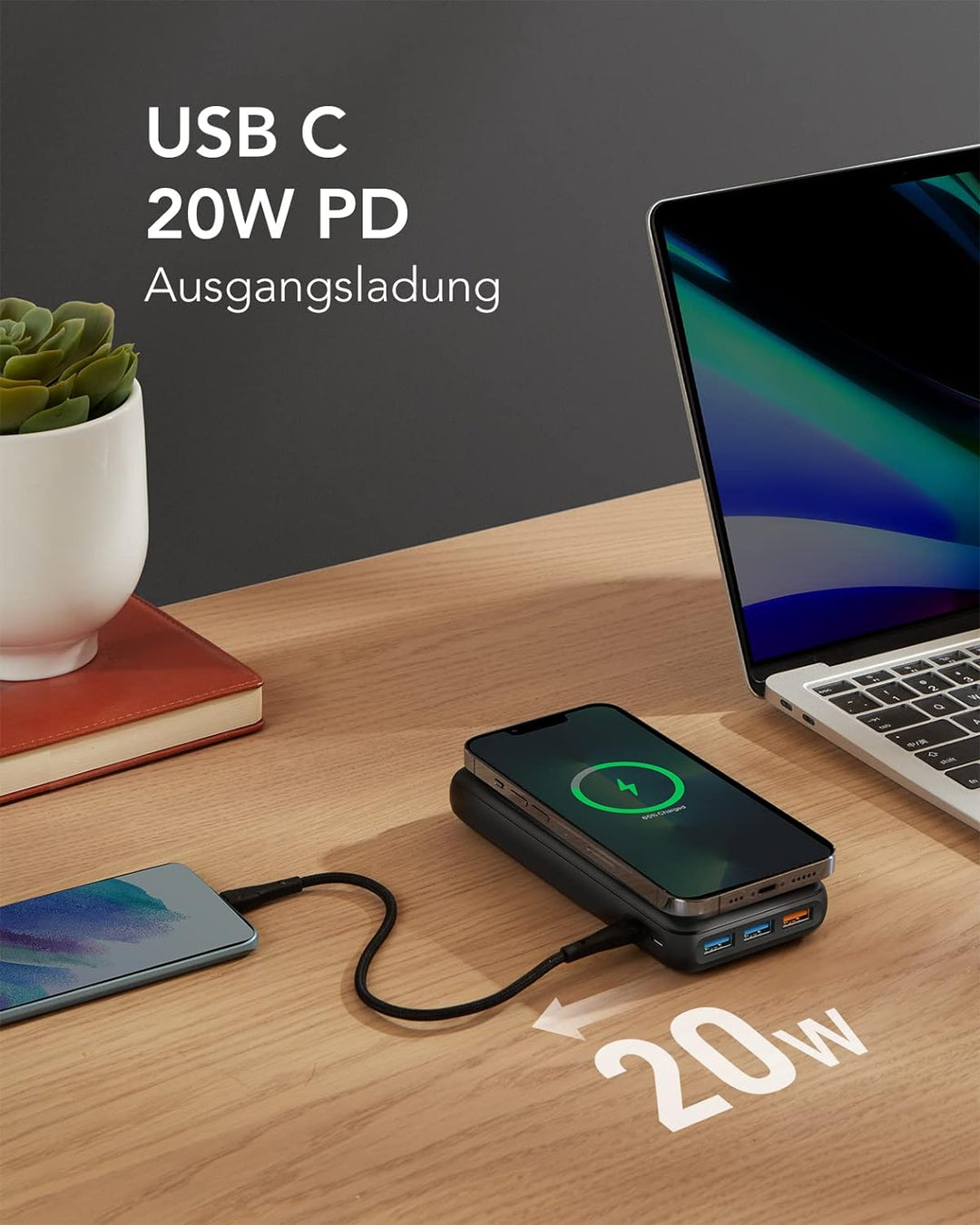 Charmast Wireless Powerbank 20000mAh Externer Akku Kabellose Ladegerät Drahtloses 22.5W Power Bank 2