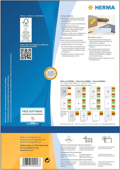 HERMA 4256 Farbige Etiketten gelb, 100 Blatt, 105 x 37 mm, 16 Stück pro A4 Bogen, 1600 Aufkleber, se