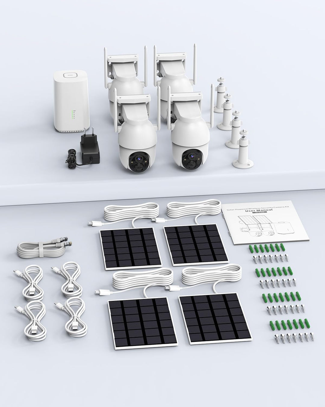 2K Überwachungskamera Aussen Akku Solar, 4-Cam-Set mit Basisstation | 360° PTZ Kabellos, 32G Lokaler