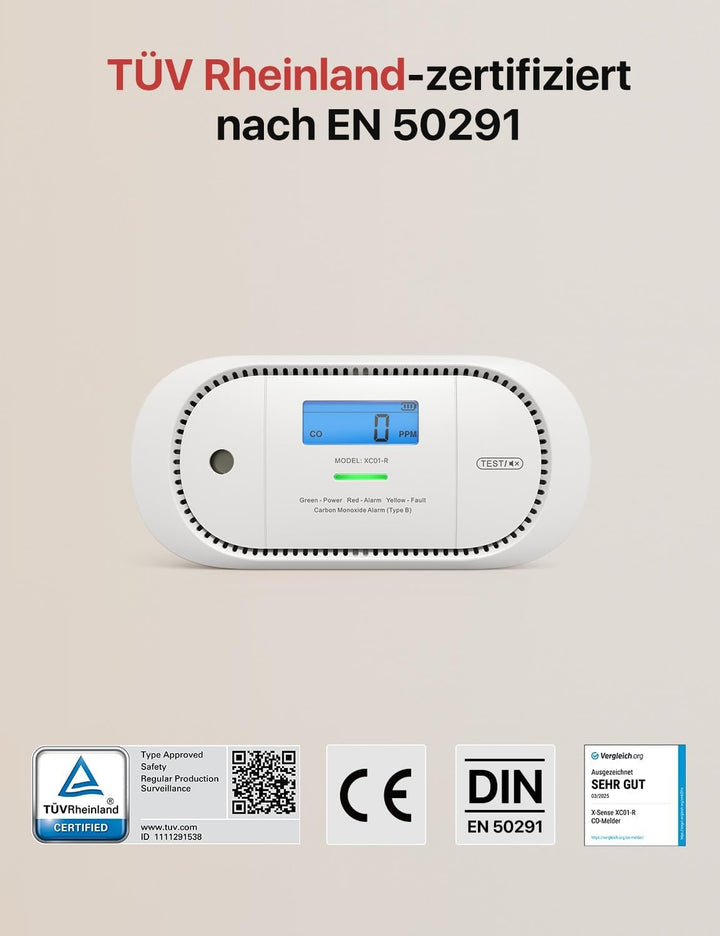 X-Sense Kohlenmonoxid-Warnmelder mit digitaler LCD-Anzeige, CO-Warnmelder mit austauschbarer Batteri