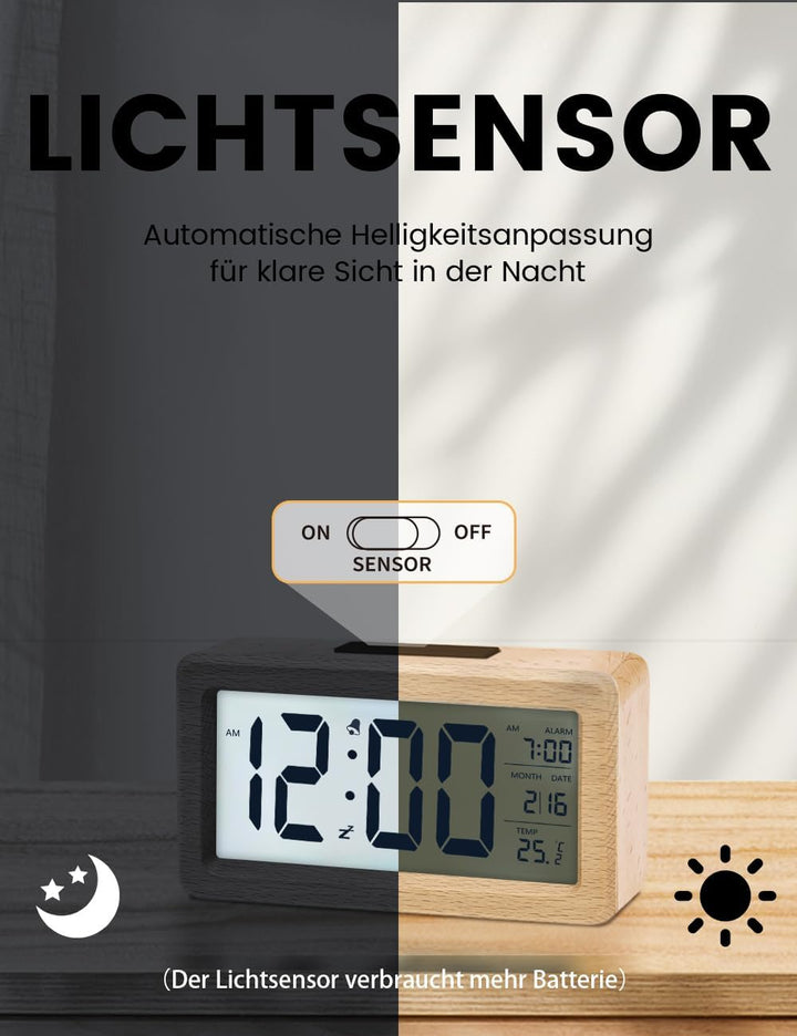 aboveClock Wecker Digital, Holz mit Sensore Moduls, Tischuhr mit Grosser Anzeige, Datum, Teperatur A