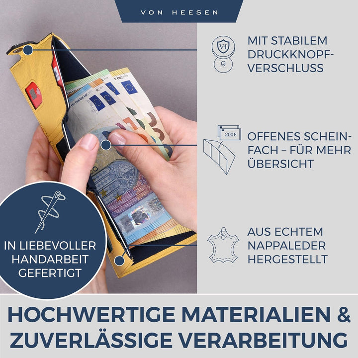 VON HEESEN Slim Wallet mit XL Münzfach &amp; RFID Schutz - Leder Geldbörse Herren klein - Mini Geldbeute