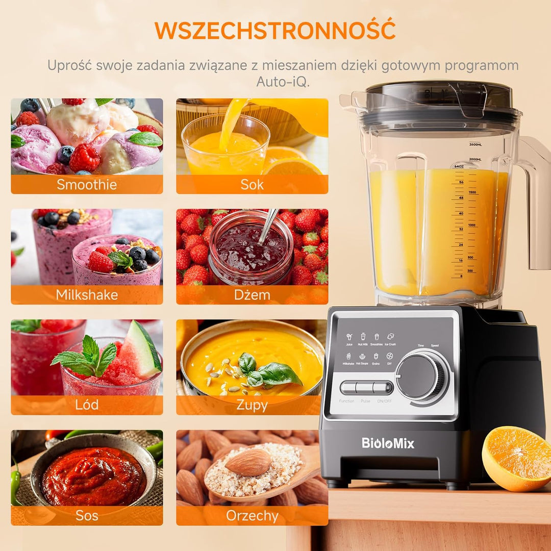 BioloMix 1500W Hochleistungsmixer Smoothie Maker und 2,6 l grossvolumiger BPA Freier Behälter Mit 6
