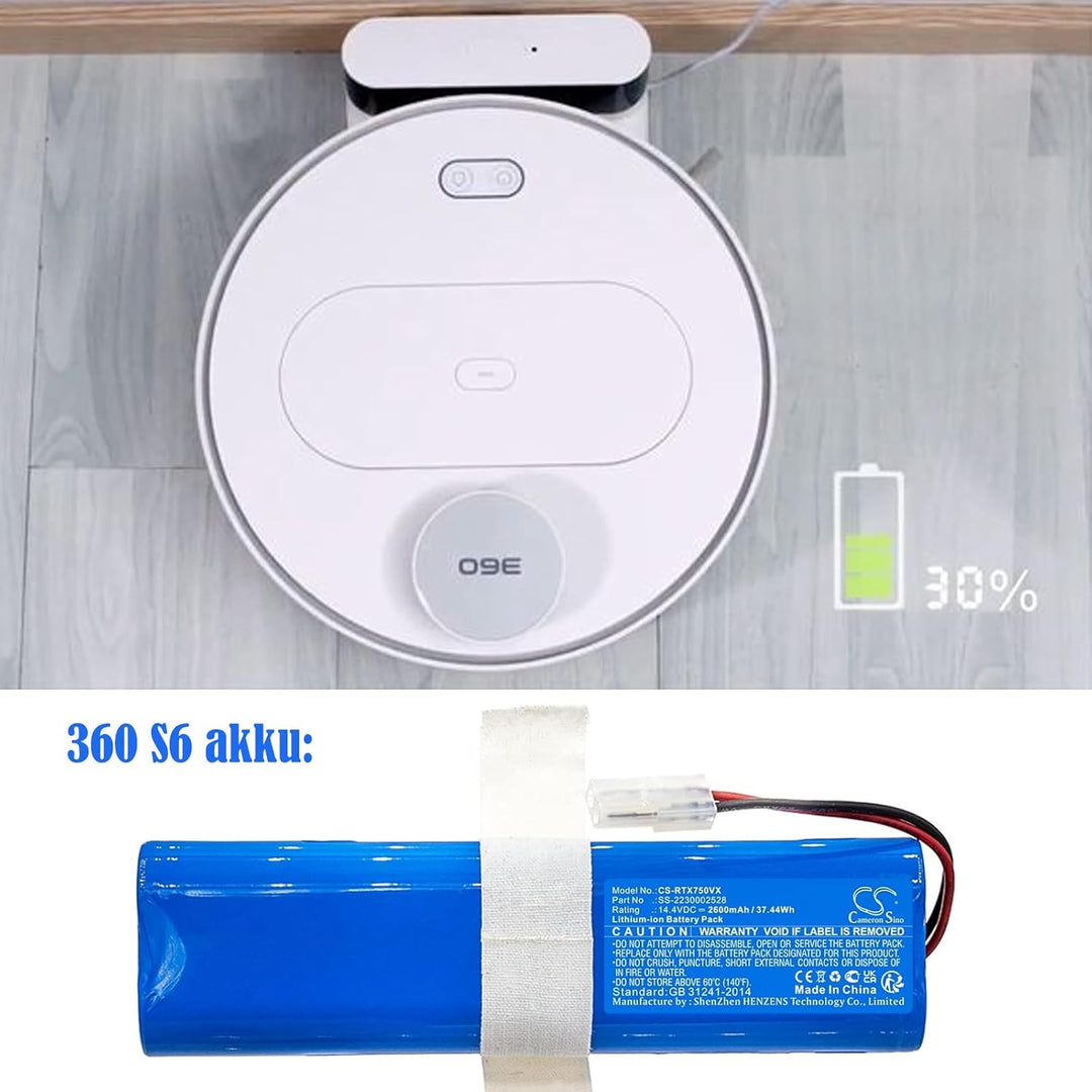 2600mAh / 37.44Wh Ersatzakku kompatibel mit 360 S6, S8, Rowenta X-Plorer 75, X-Plorer 75S+, X-Plorer