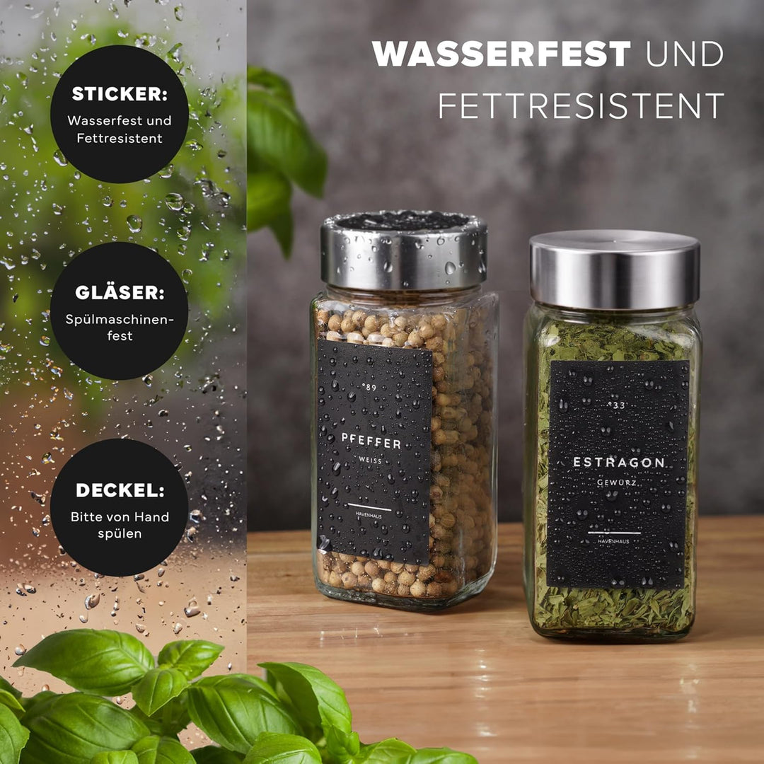HAVENHAUS Gewürzgläser Set | hochwertiges Komplettset aus 24x Gewürz Gläser [120ml] inkl. 336 deutsc