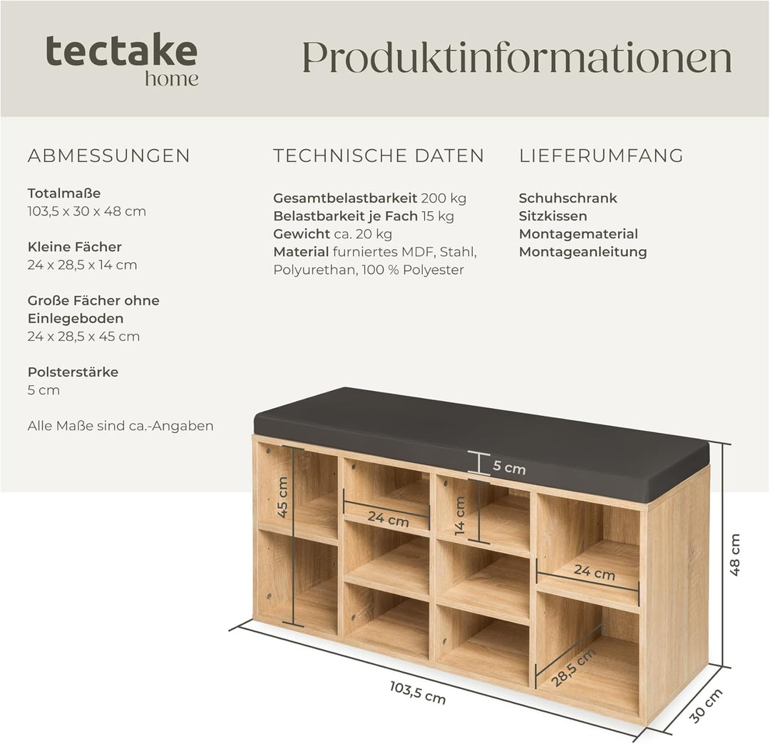 tectake® Schuhschrank mit Sitzbank, Schuhregal, Sitzbank mit Stauraum für 10 Paar Schuhe, Garderobe,