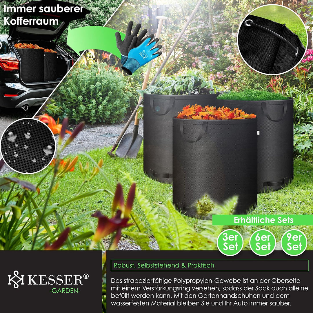 KESSER® Gartensack 3x 272L Set Laubsack Gartenabfallsack inkl. Handschuhe - Selbststehend 4 Griffe S