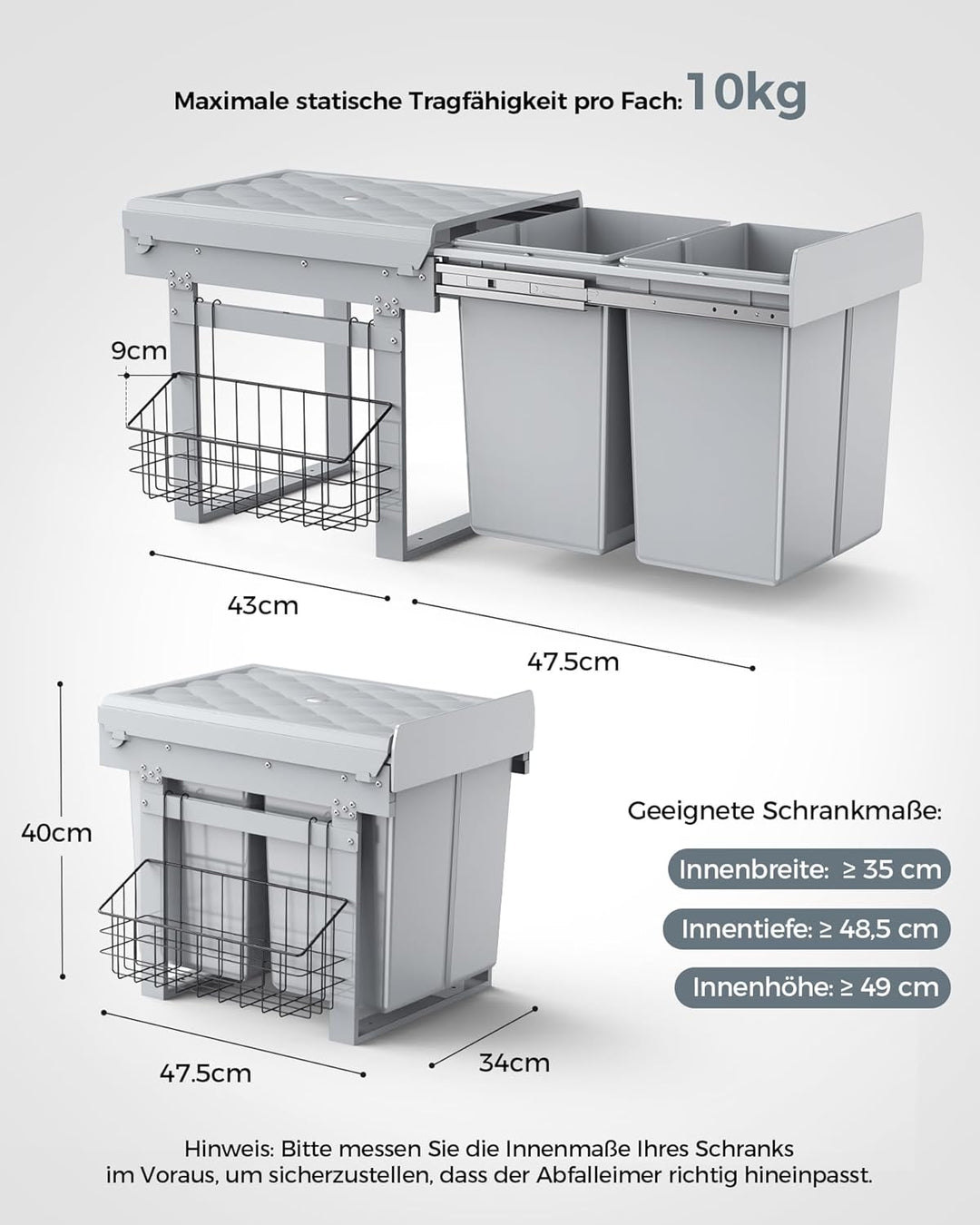 lovewind Abfallsammler Tandem, 2×20L, Mülleimer küche, Mülltrennsystem für Unterschrank，Stahlrahmen,