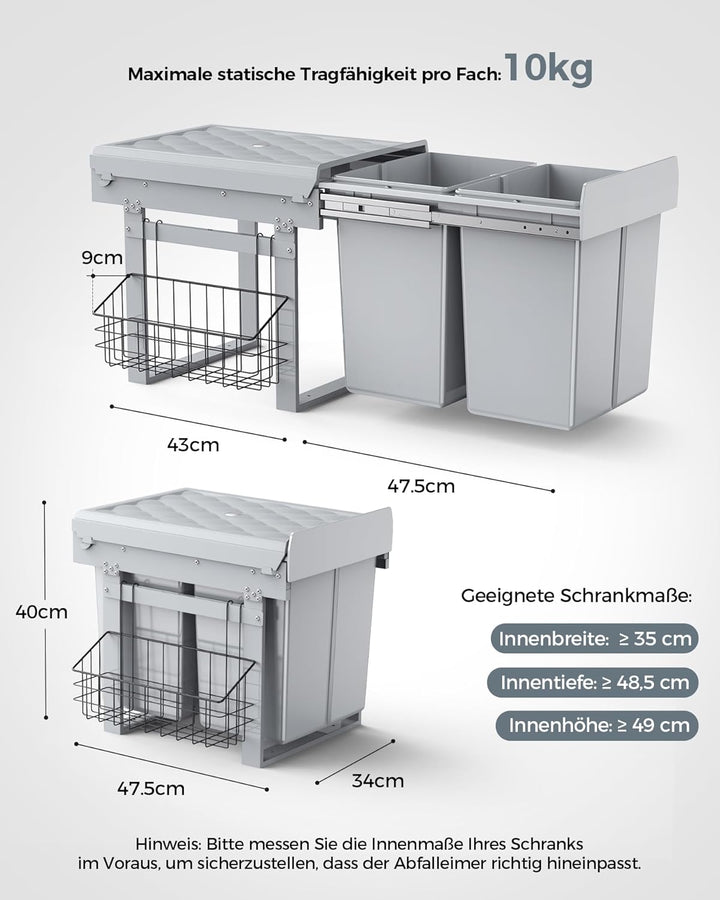 lovewind Abfallsammler Tandem, 2×20L, Mülleimer küche, Mülltrennsystem für Unterschrank，Stahlrahmen,