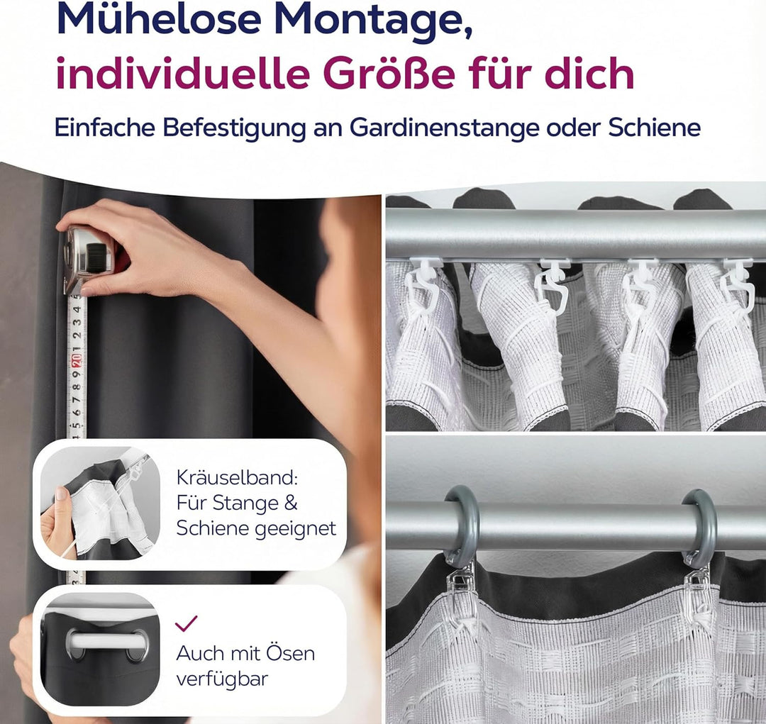 BEAUTEX 2er Set Kräuselband Verdunkelungsvorhang mit U-Band, Gardinen abdunkelnd und Blickdicht (Bre
