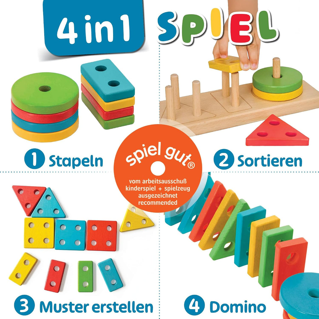 Steckspiel ab 1 Jahr, 4in1 Formen Sortierspiel ab 2 Jahre mit 16 Formen, Montessori Steckspiel Holz,