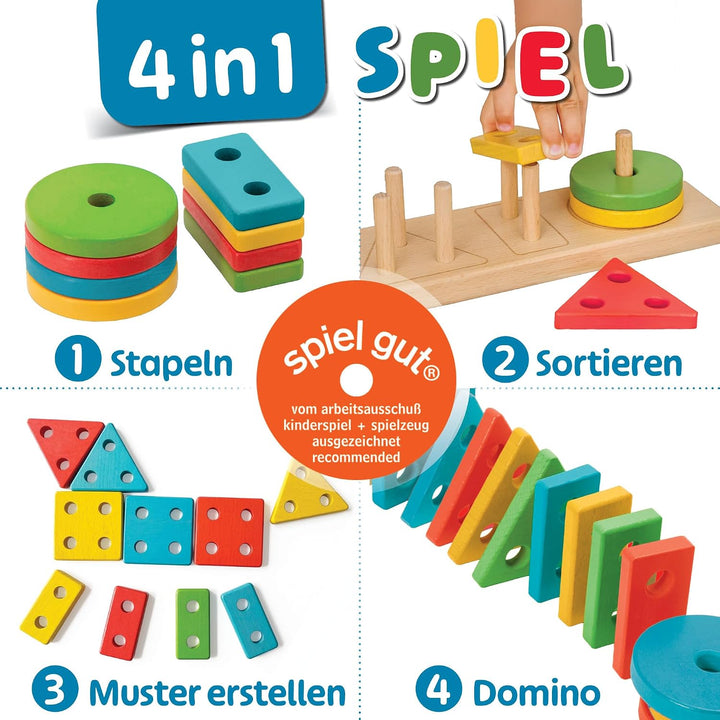 Steckspiel ab 1 Jahr, 4in1 Formen Sortierspiel ab 2 Jahre mit 16 Formen, Montessori Steckspiel Holz,