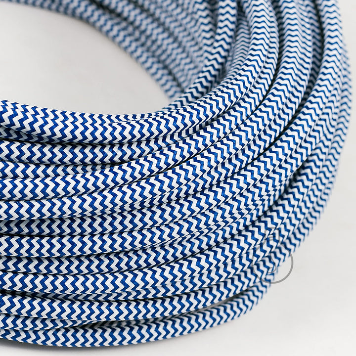Amarcords - Textilkabel für Lampen WEISS-BLAUES ZICKZACK, rund, Seide, 5 Meter, mit 2 Leiter 2x0,75