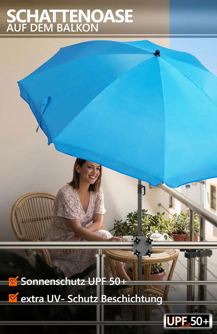 4smile Sonnenschirm Balkon SunnyJoy, 3-in-1 SET, Blau - UPF 50+ Sonnenschirm Ø 200 cm + SunnyGuy Son