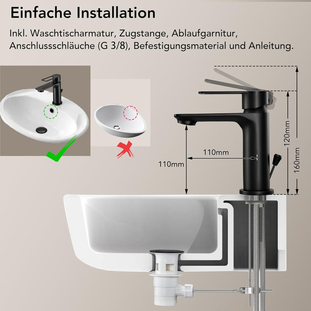 Wasserhahn Bad mit Zugstange, Einhebel-Waschtischarmatur mit Ablaufgarnitur, Schwarz Einhandmischer