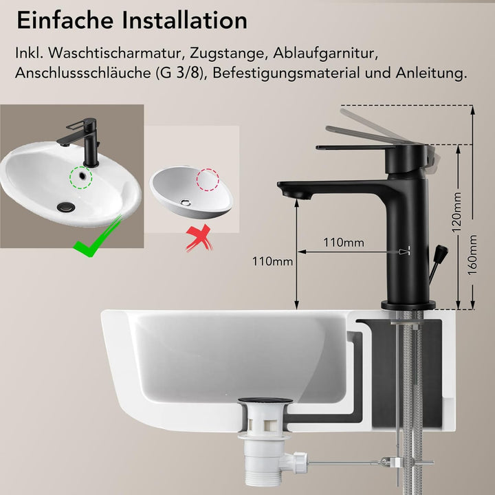 Wasserhahn Bad mit Zugstange, Einhebel-Waschtischarmatur mit Ablaufgarnitur, Schwarz Einhandmischer