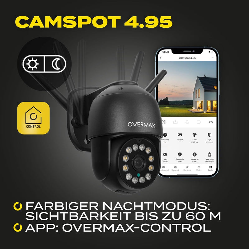 Overmax CAMSPOT 4.95 QHD 4MPx Aussen-PTZ-Kamera, Farb-Nachtmodus 60m Drehbare Kamera 355o/90o, Blick