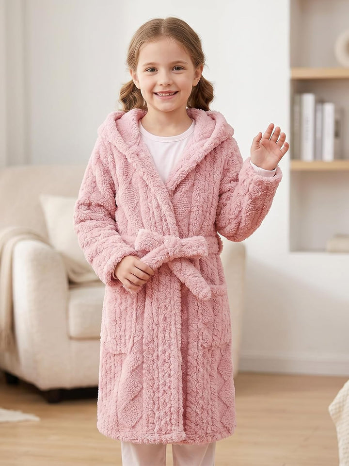 JiAmy Kinder Bademantel mit Kapuze Fleece Morgenmantel für Jungen Mädchen Rosa 10-12 Jahre, Rosa 10-