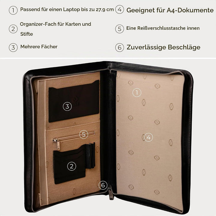 Leder Schreibmappe A4 - Konferenzmappe für Herren - Organizer Mappe - Stylische Aktenmappe - Schwarz