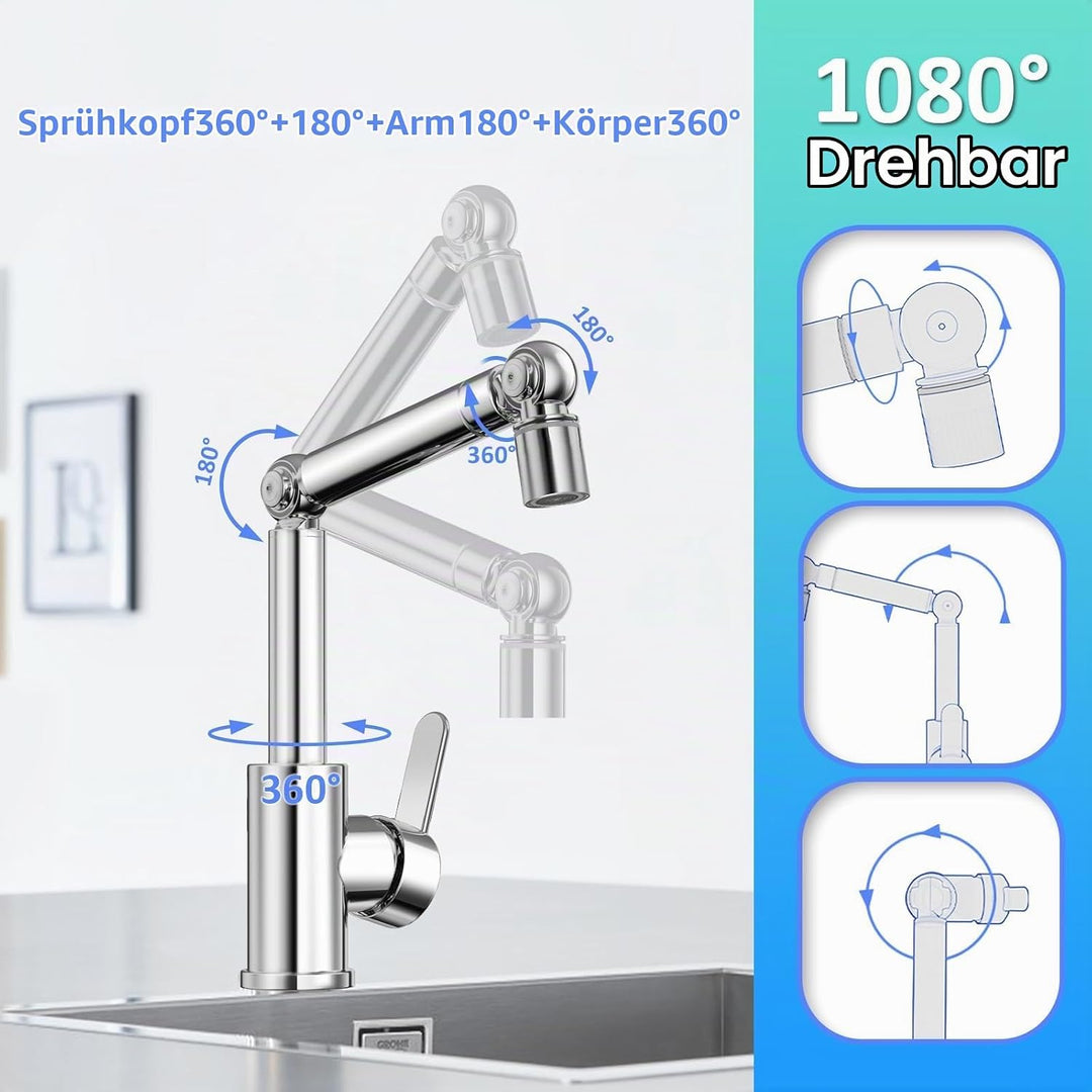 Wasserhahn Bad Drehbar, Waschtischarmatur Badezimmer Hoch Chrom, Mit 360° Schwenkarm &amp; 2 Strahlarten