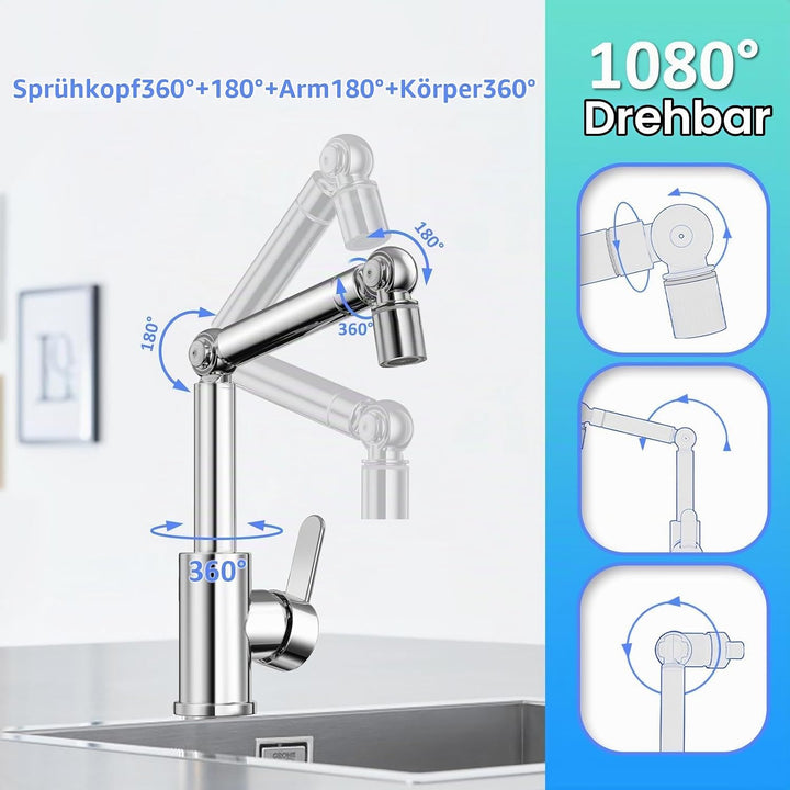 Wasserhahn Bad Drehbar, Waschtischarmatur Badezimmer Hoch Chrom, Mit 360° Schwenkarm &amp; 2 Strahlarten