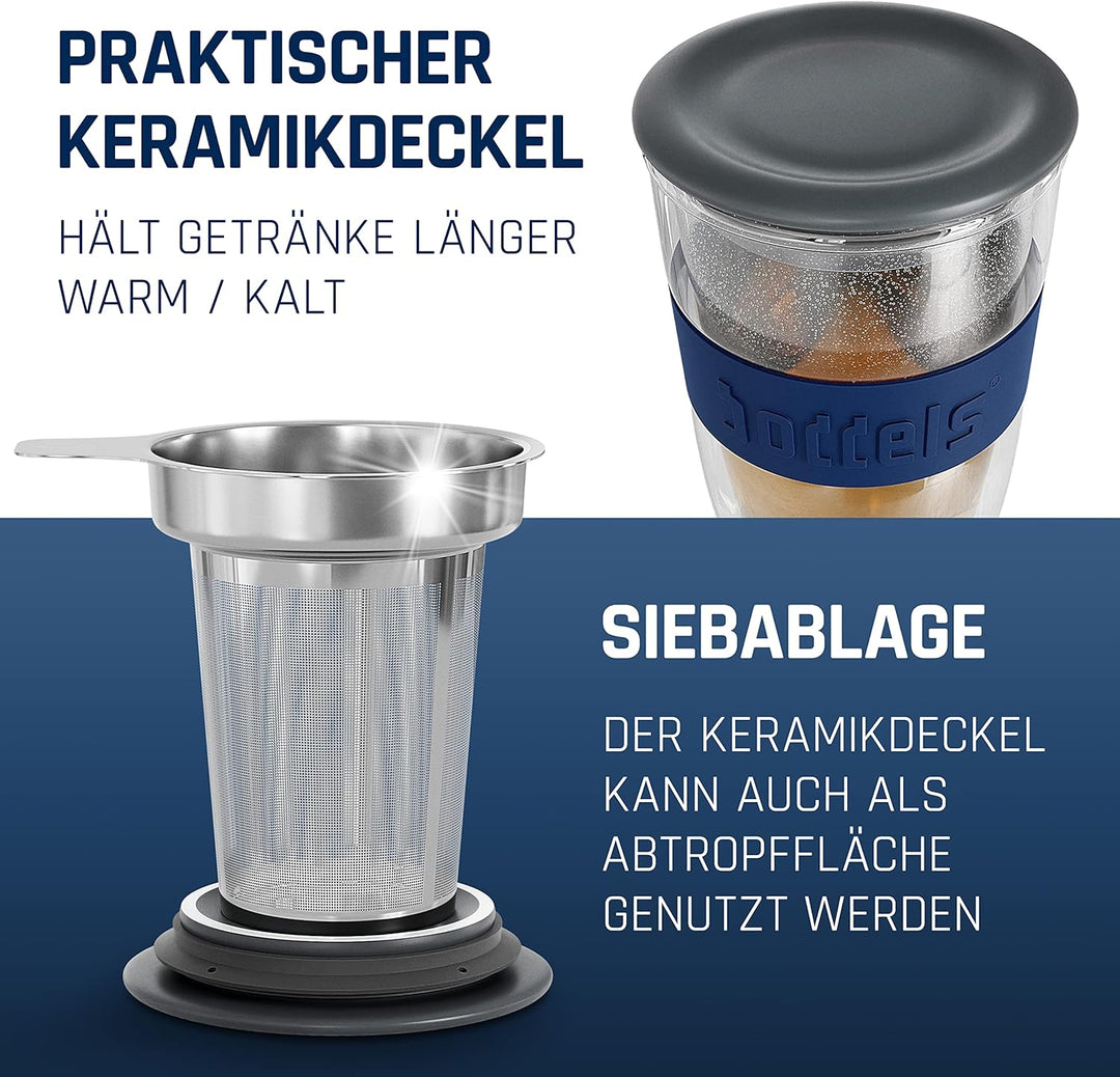 Glasbecher 380ml – Teebecher mit Sieb, Doppelwandig, Teetasse, Keramik-Deckel, Thermo-Glas Kaffeegla