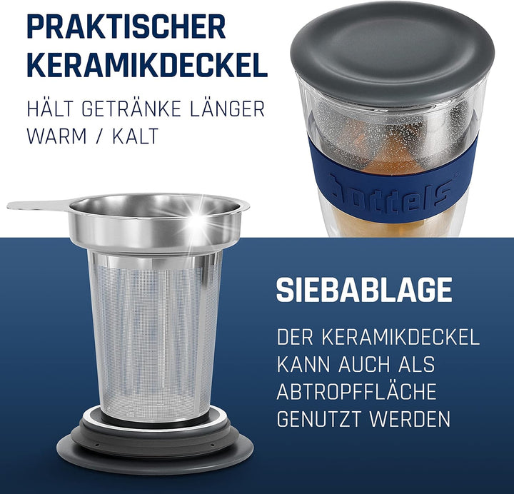 Glasbecher 380ml – Teebecher mit Sieb, Doppelwandig, Teetasse, Keramik-Deckel, Thermo-Glas Kaffeegla