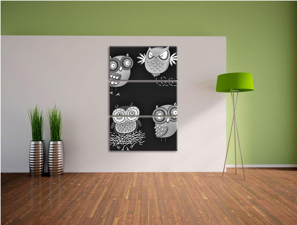 Pixxprint Verrückte Eulen für Kinder als Leinwandbild/Grösse: 3 Teilig (120x80) cm/Wandbild/Kunstdru