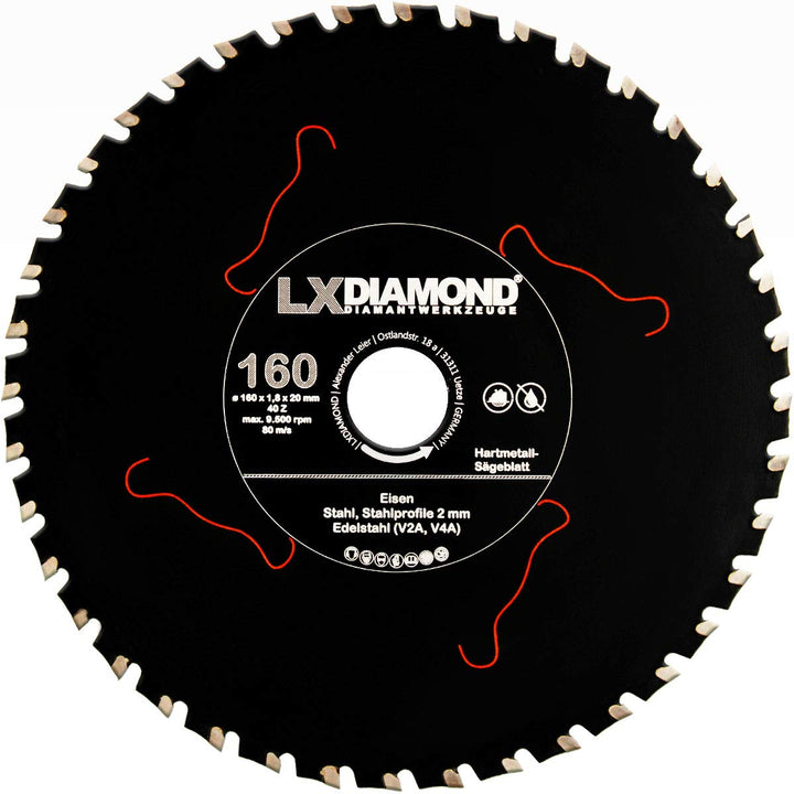 LXDIAMOND Hartmetall Sägeblatt 160mm x 20,0mm Z40 für Eisen Stahl Edelstahl V2A V4A Stahlprofile Ble