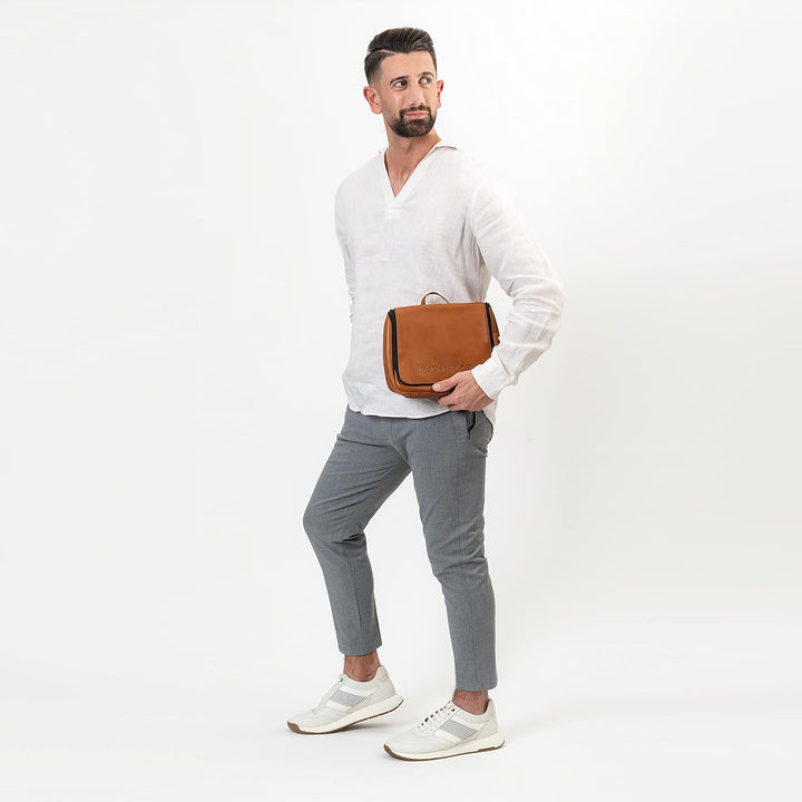 Memphis Damen/Herren Leder Kulturbeutel | grosse Kosmetiktasche mit Haken zum Aufhängen | viele Fäch