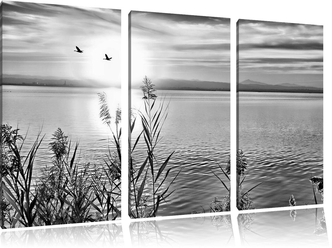 Pixxprint Monocrome, Sonnenuntergang am See 3-Teiler Leinwandbild 120x80 Bild auf Leinwand